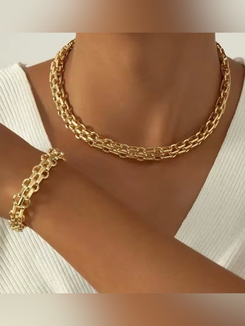 2 PCS 18k Gold Tone Link Chain Necklace Bracelet Set